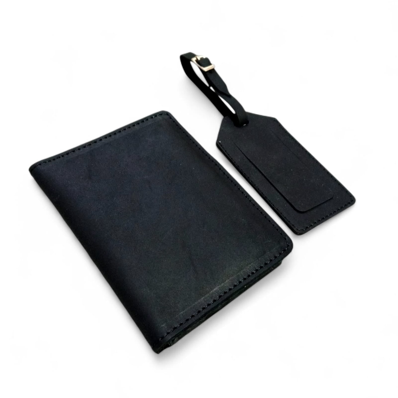 Handmade Leather Passport Cover & Luggage Tag Gift Set- Black