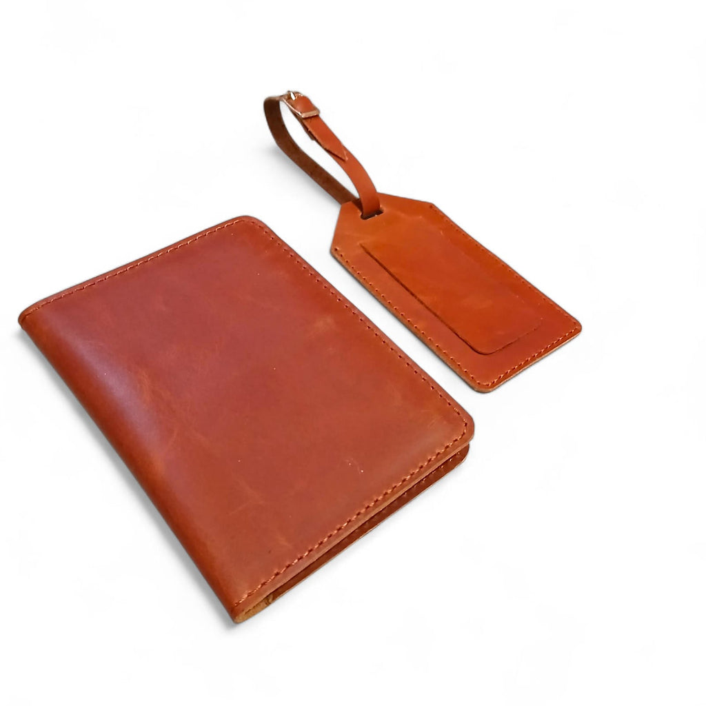Handmade Leather Passport Cover & Luggage Tag Gift Set- Tan Color