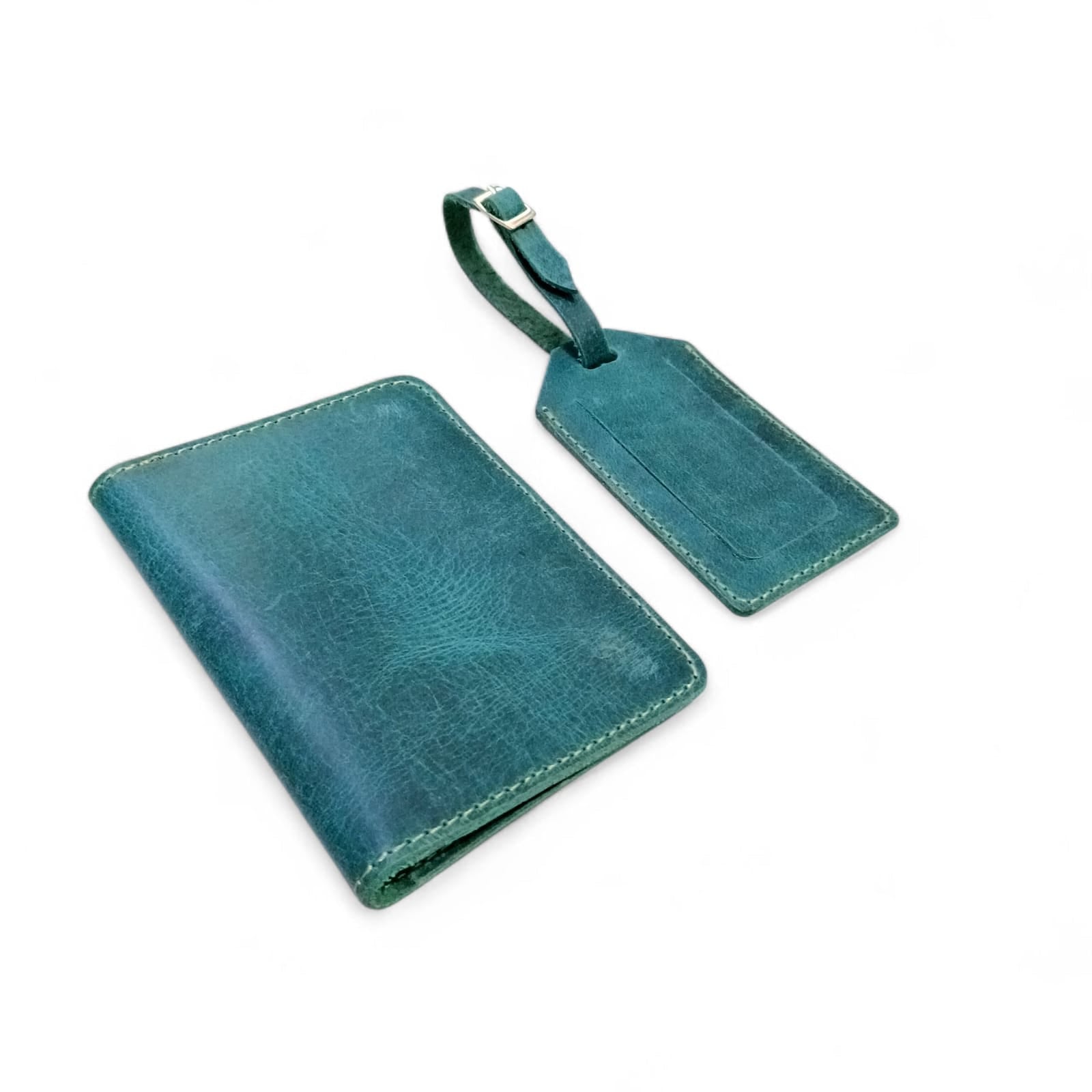 Handmade Leather Passport Cover & Luggage Tag Gift Set- Ocean Green