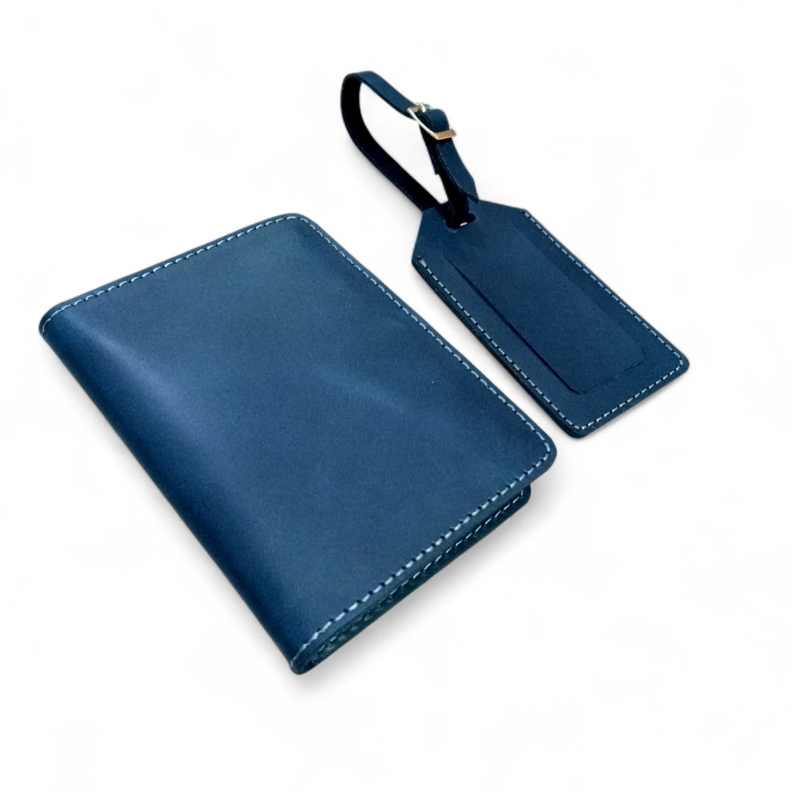 Handmade Leather Passport Cover & Luggage Tag Gift Set- Navy Blue