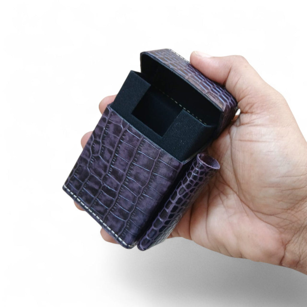 Deep Purple Crocodile Embossed Leather Tobacco Case with Lighter Pouch