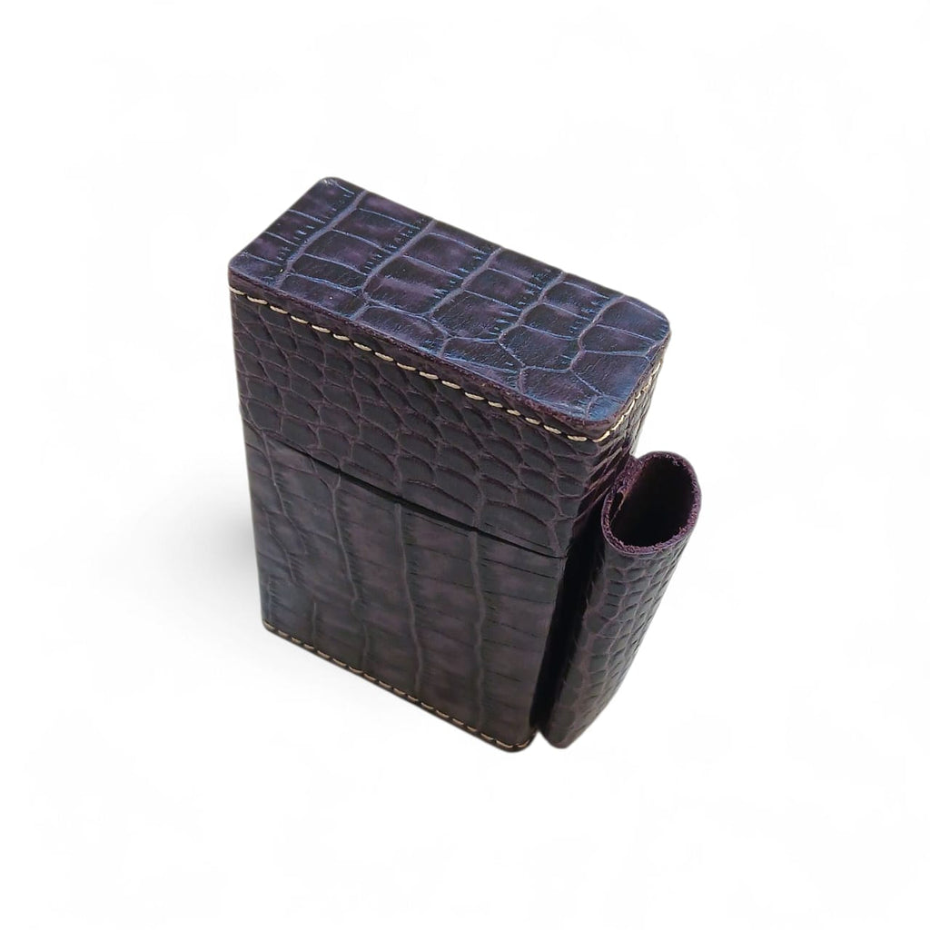 Deep Purple Crocodile Embossed Leather Tobacco Case with Lighter Pouch