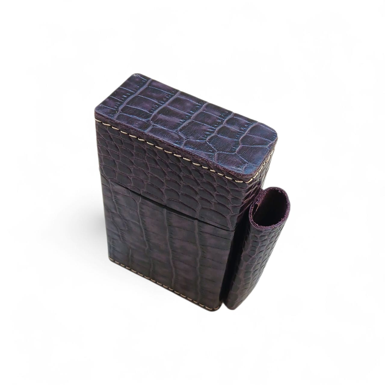 Deep Purple Crocodile Embossed Leather Tobacco Case with Lighter Pouch