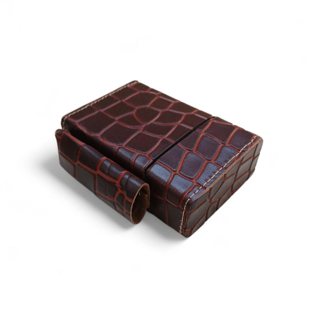 Maroon Crocodile Embossed Leather Cigarette Case |  Tobacco Cover with Lighter Pouch