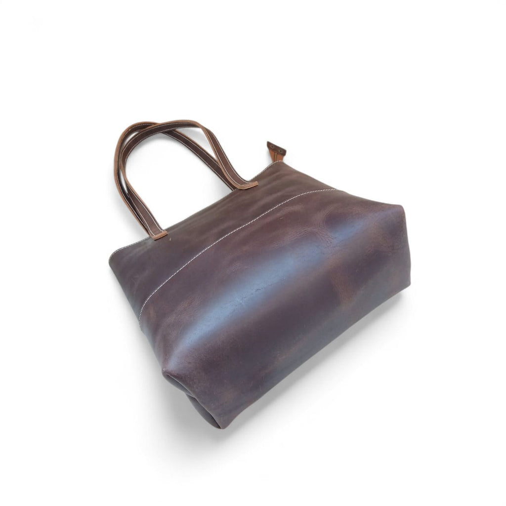Chocolate Brown Crazy Horse Leather Tote Bag with Long Handles