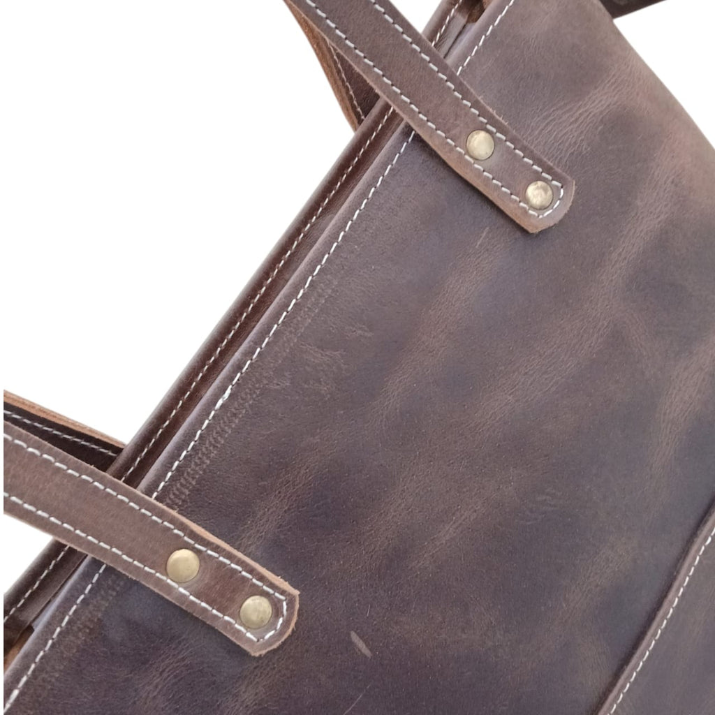 Chocolate Brown Crazy Horse Leather Tote Bag with Long Handles