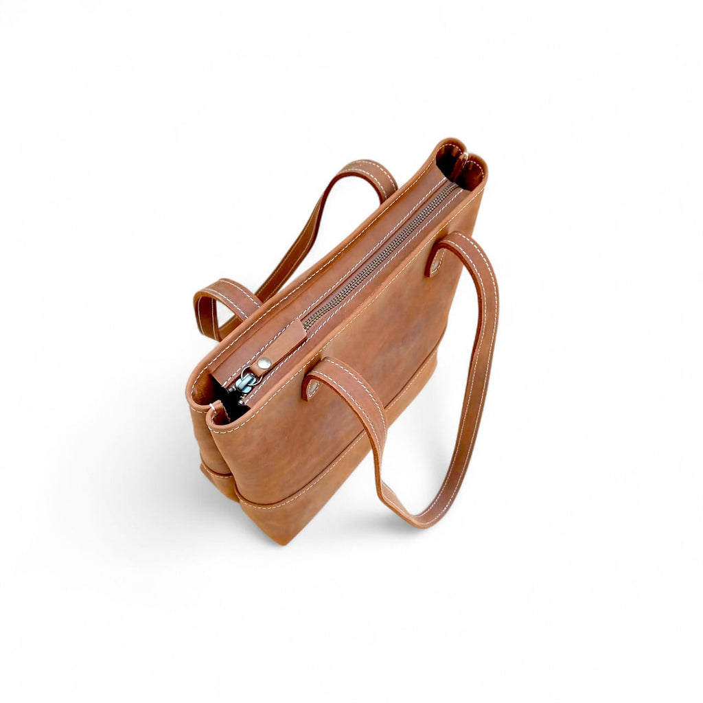 Tan Crazy Horse Leather Tote Bag with Long Handles for Women