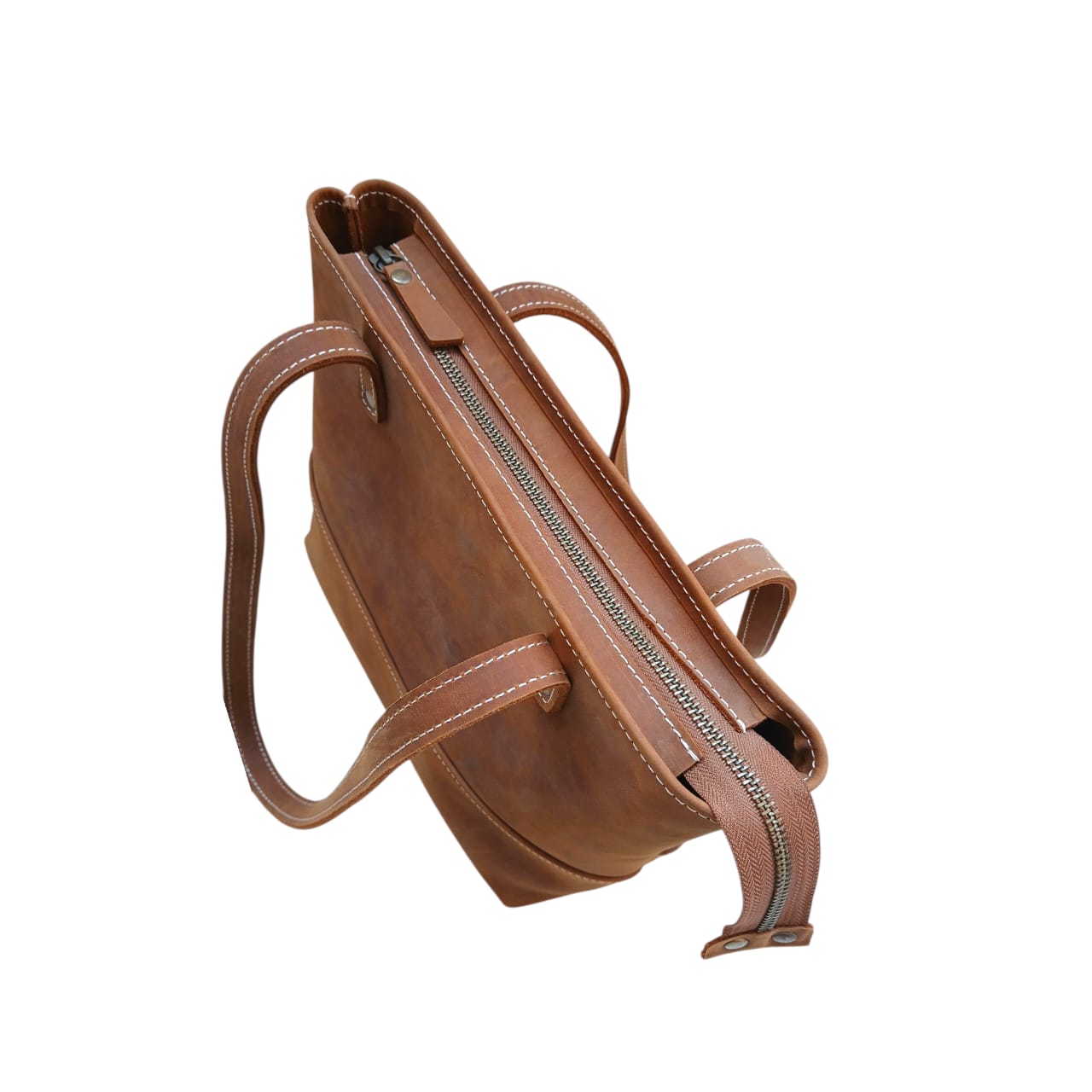 Tan Crazy Horse Leather Tote Bag with Long Handles for Women