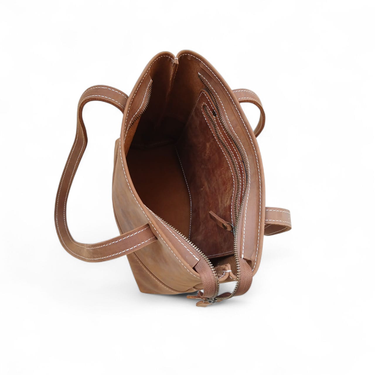 Tan Crazy Horse Leather Tote Bag with Long Handles for Women