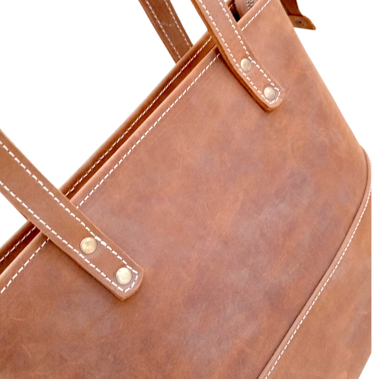Tan Crazy Horse Leather Tote Bag with Long Handles for Women