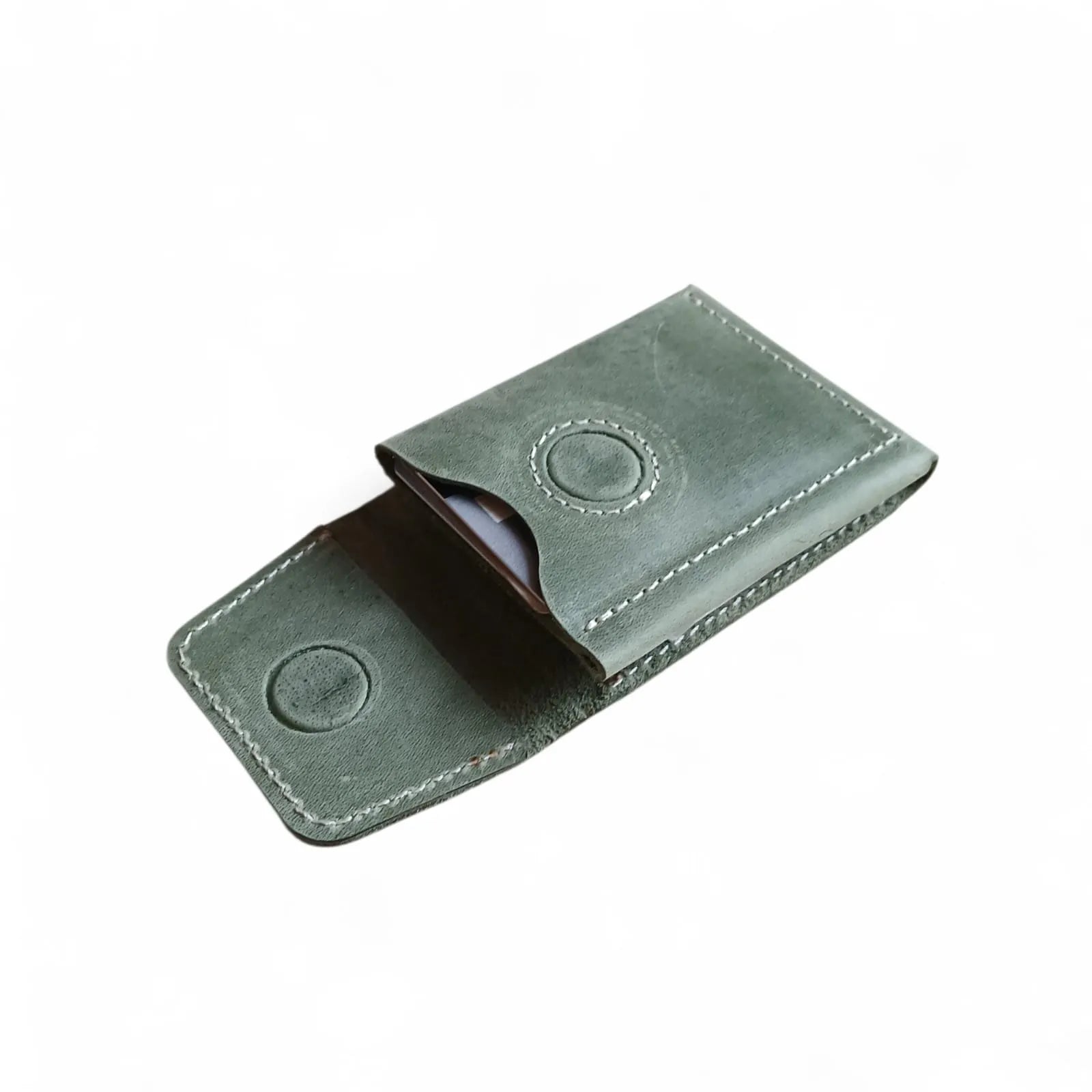 Olive green Crazy Horse leather card holder with magnetic clos