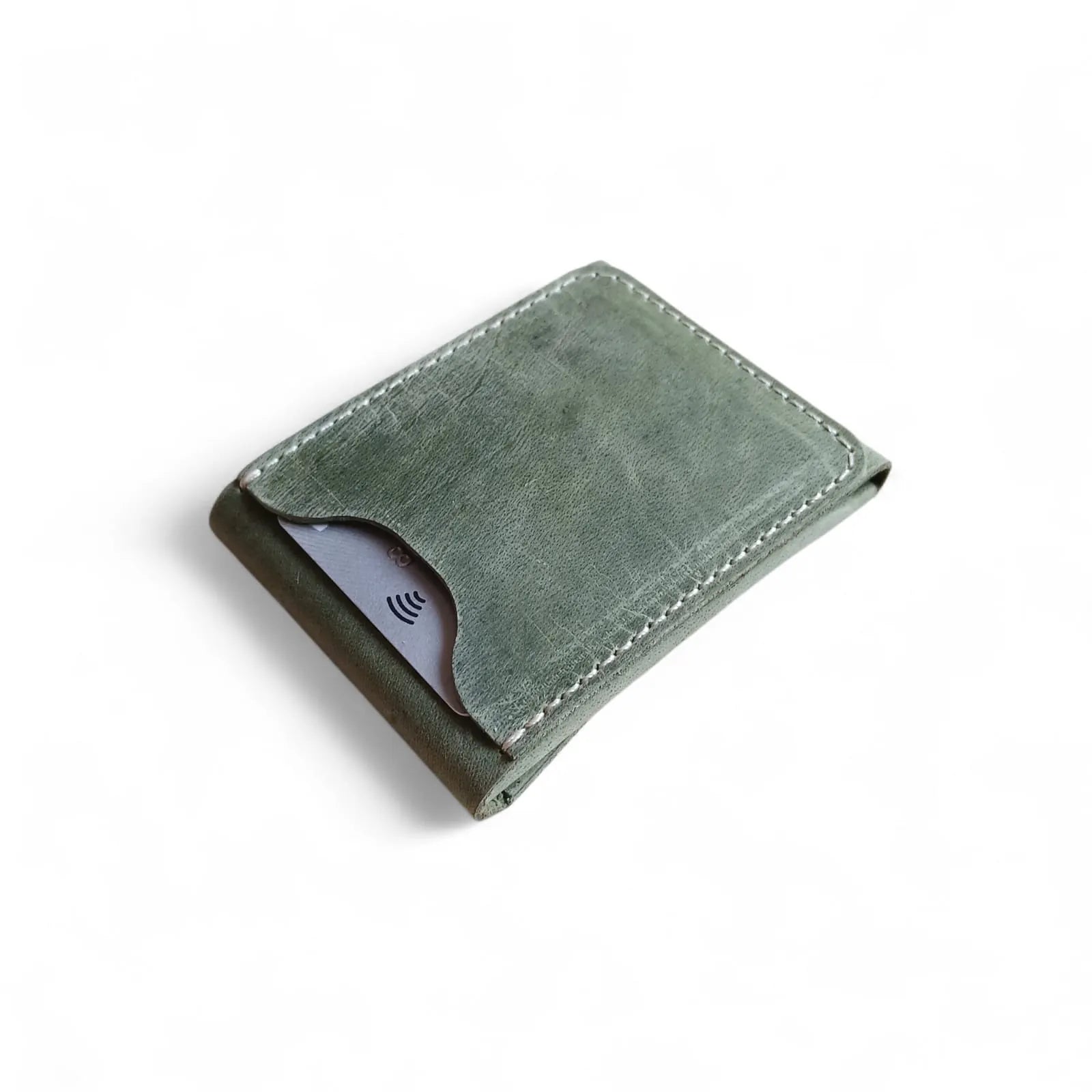Olive green Crazy Horse leather card holder with magnetic clos