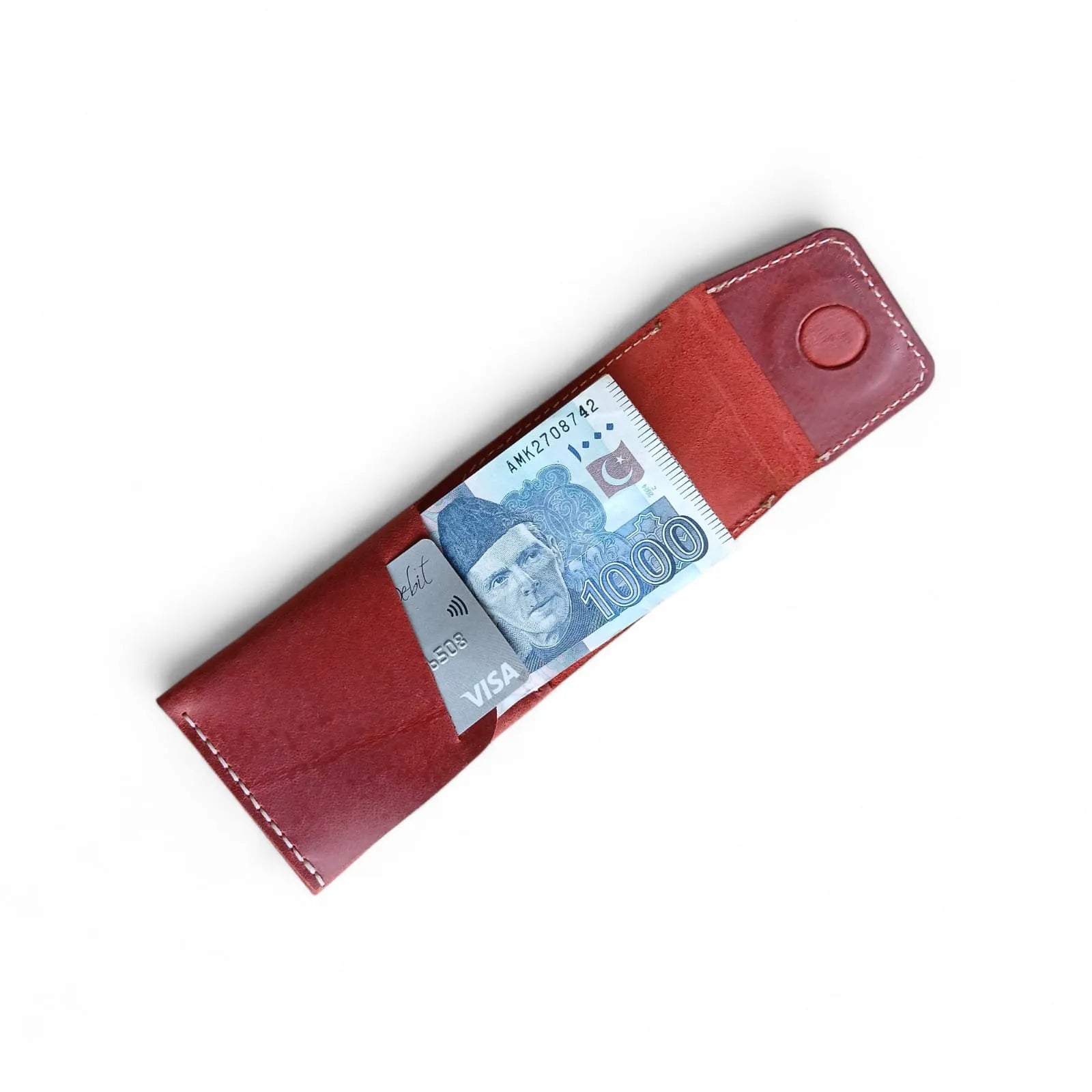 Red Crazy Horse leather card holder with magnetic closure