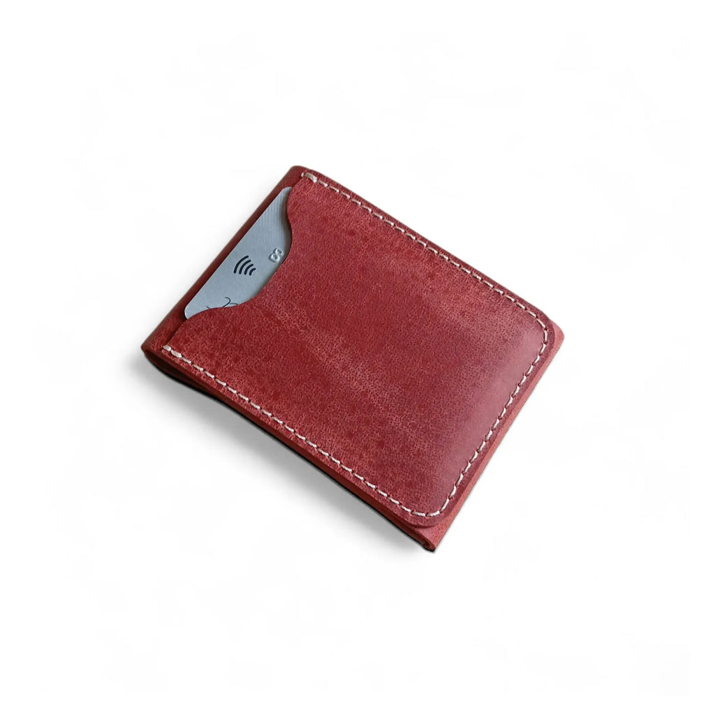 Red Crazy Horse leather card holder with magnetic closure