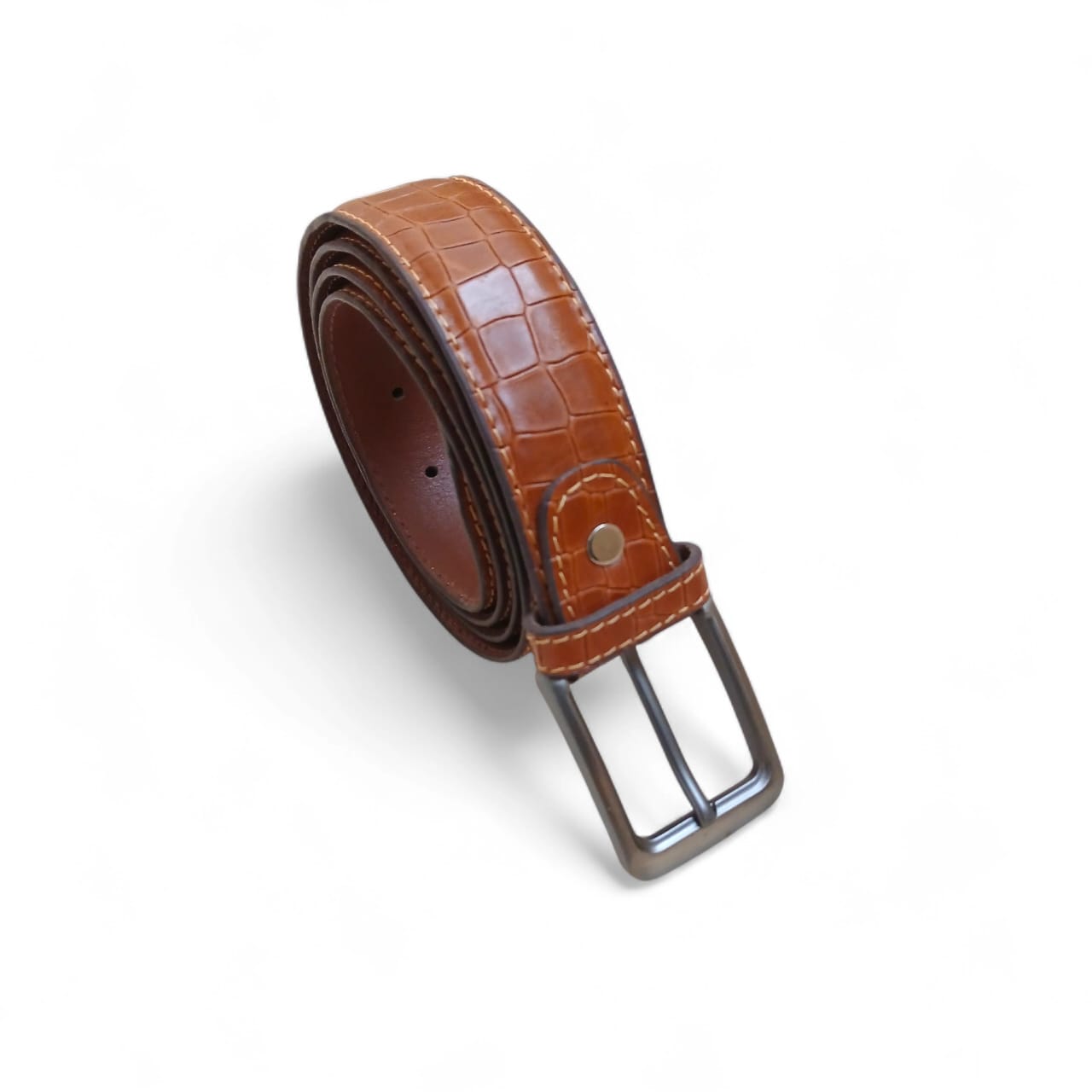 Crocodile belt for men tan embossed leather