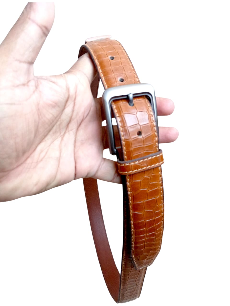 Tan crocodile pattern leather belt 35mm