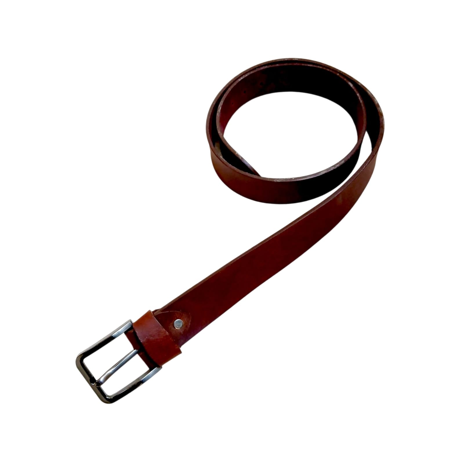 Reddish brown formal leather belt with metal pin buckle
