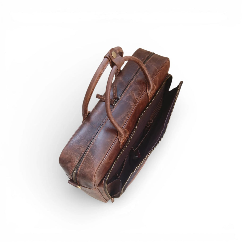 Vintage dark brown genuine leather laptop bag for men, fits 14 inch, 15 inch and 16 inch laptops, office briefcase with padded compartment and adjustable shoulder strap