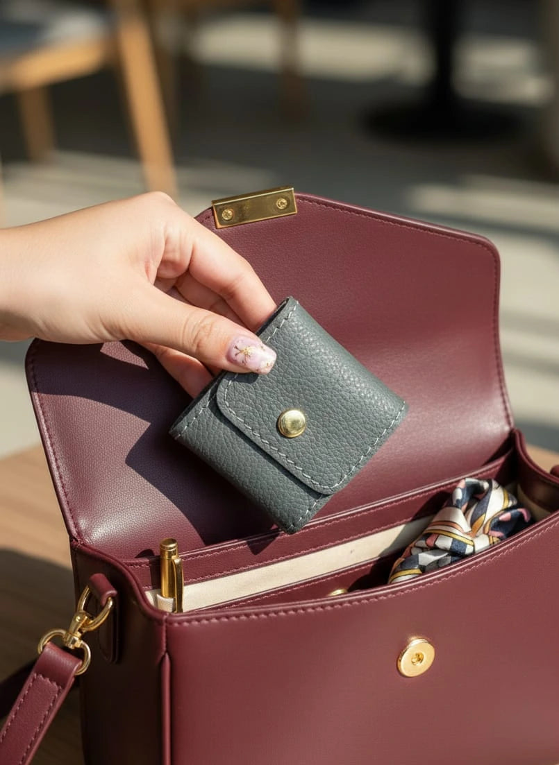 Foldable leather jewellery pouch made of natural cow leather, real leather mini jewelry organizer with four inner pockets and button closure, 2.5x2.5 inch travel case