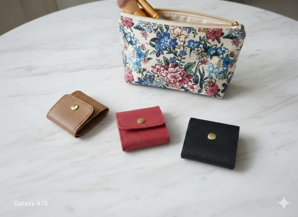 Foldable leather jewellery pouch made of natural cow leather, real leather mini jewelry organizer with four inner pockets and button closure, 2.5x2.5 inch travel case