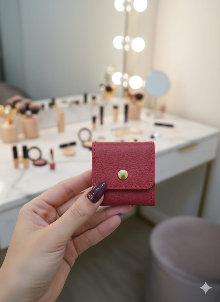 Foldable leather jewellery pouch made of natural cow leather, real leather mini jewelry organizer with four inner pockets and button closure, 2.5x2.5 inch travel case