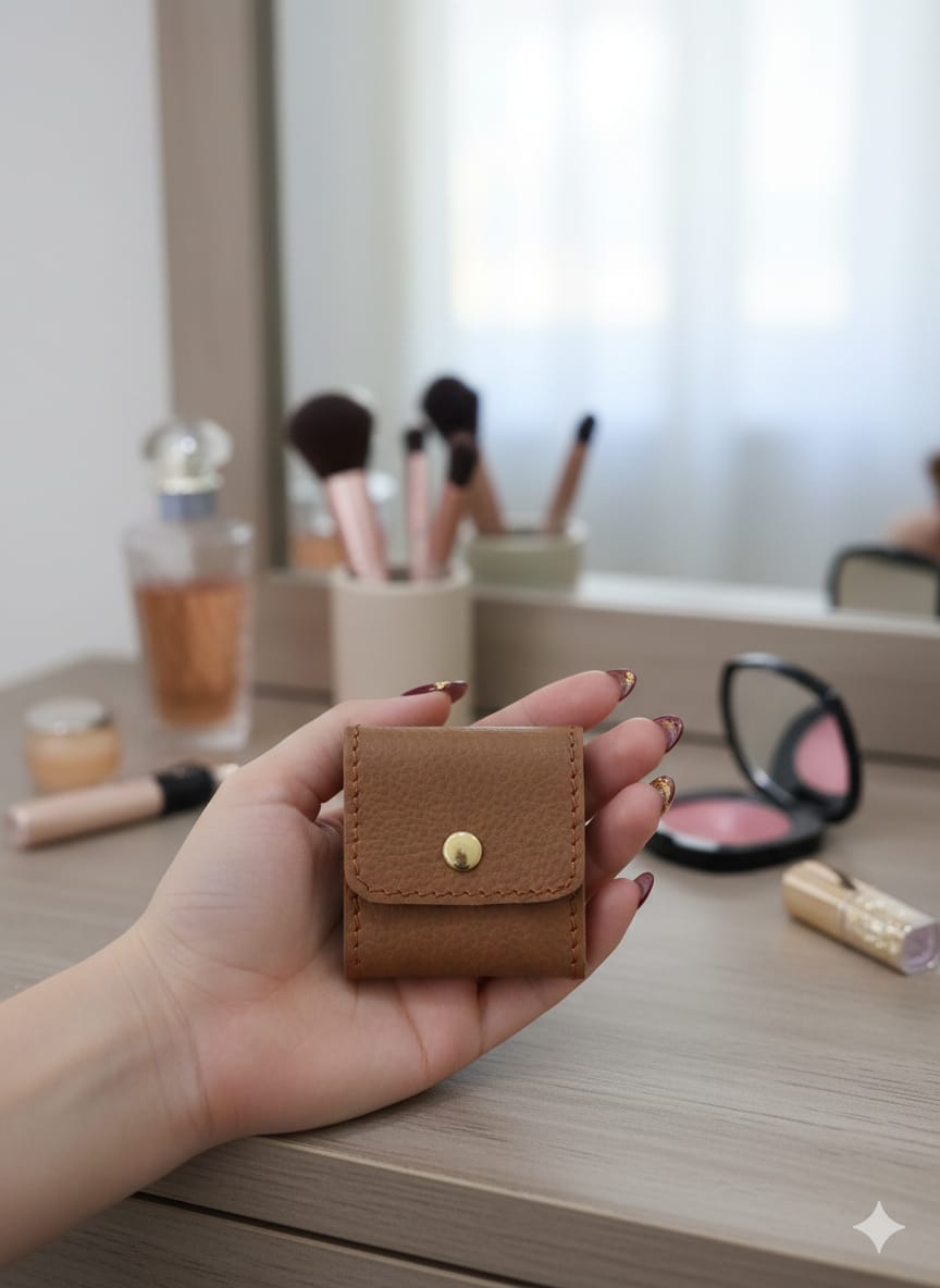 Foldable leather jewellery pouch made of natural cow leather, real leather mini jewelry organizer with four inner pockets and button closure, 2.5x2.5 inch travel case