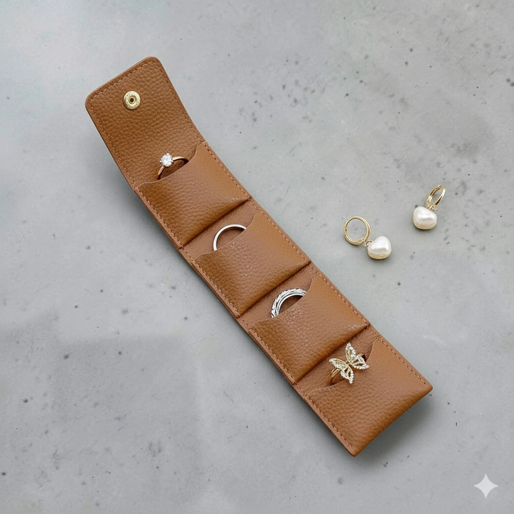 Foldable leather jewellery pouch made of natural cow leather, real leather mini jewelry organizer with four inner pockets and button closure, 2.5x2.5 inch travel case