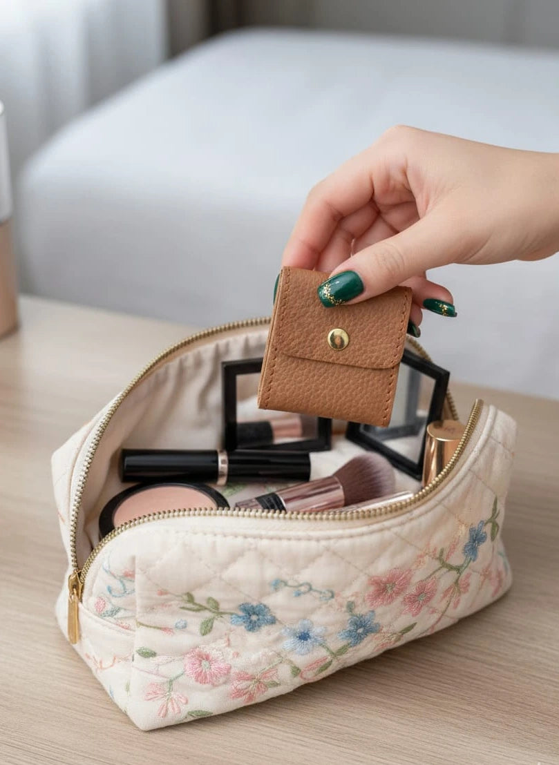 Foldable leather jewellery pouch made of natural cow leather, real leather mini jewelry organizer with four inner pockets and button closure, 2.5x2.5 inch travel case