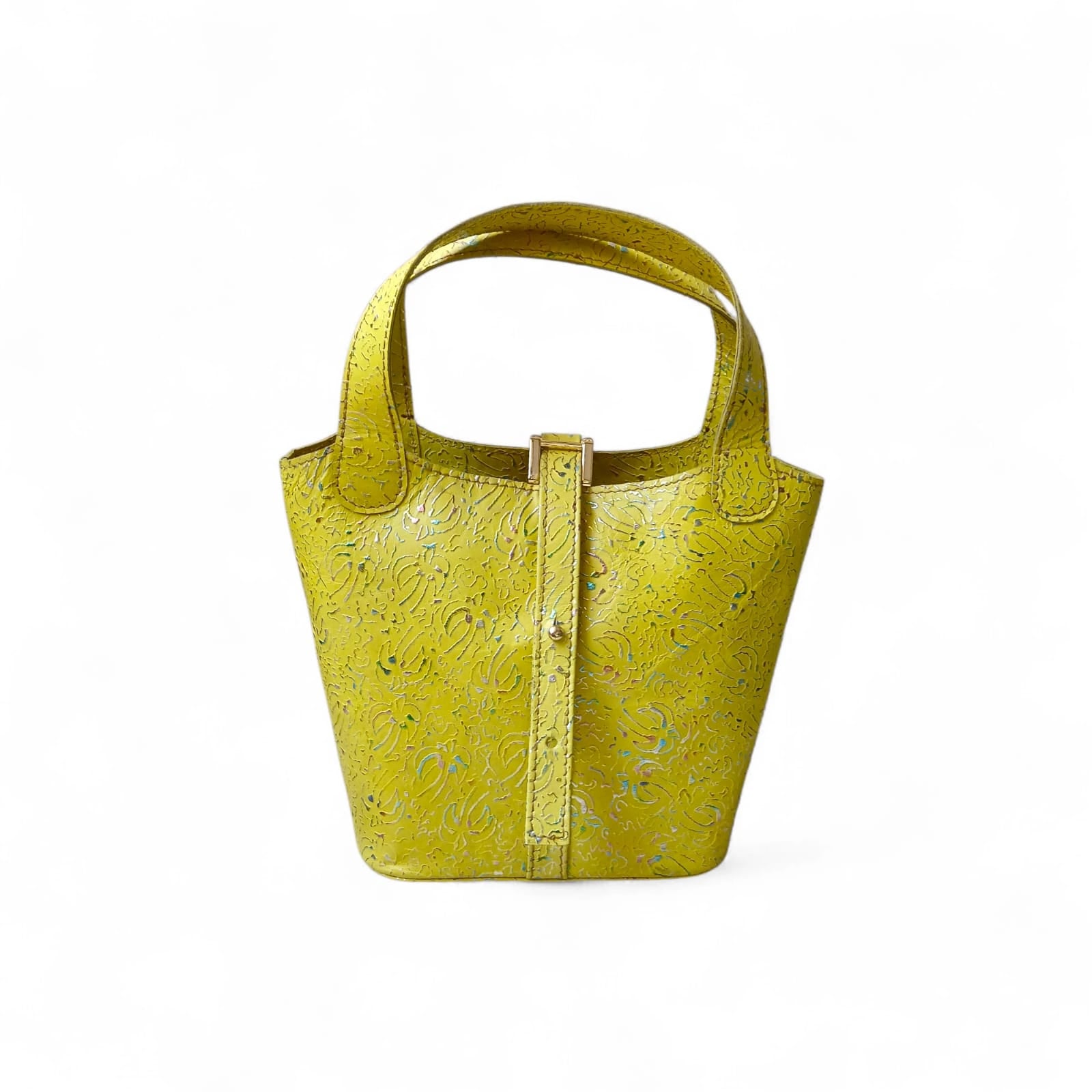 Leather bucket bag for women yellow structured mini handbag 8x10x4 Pakistan