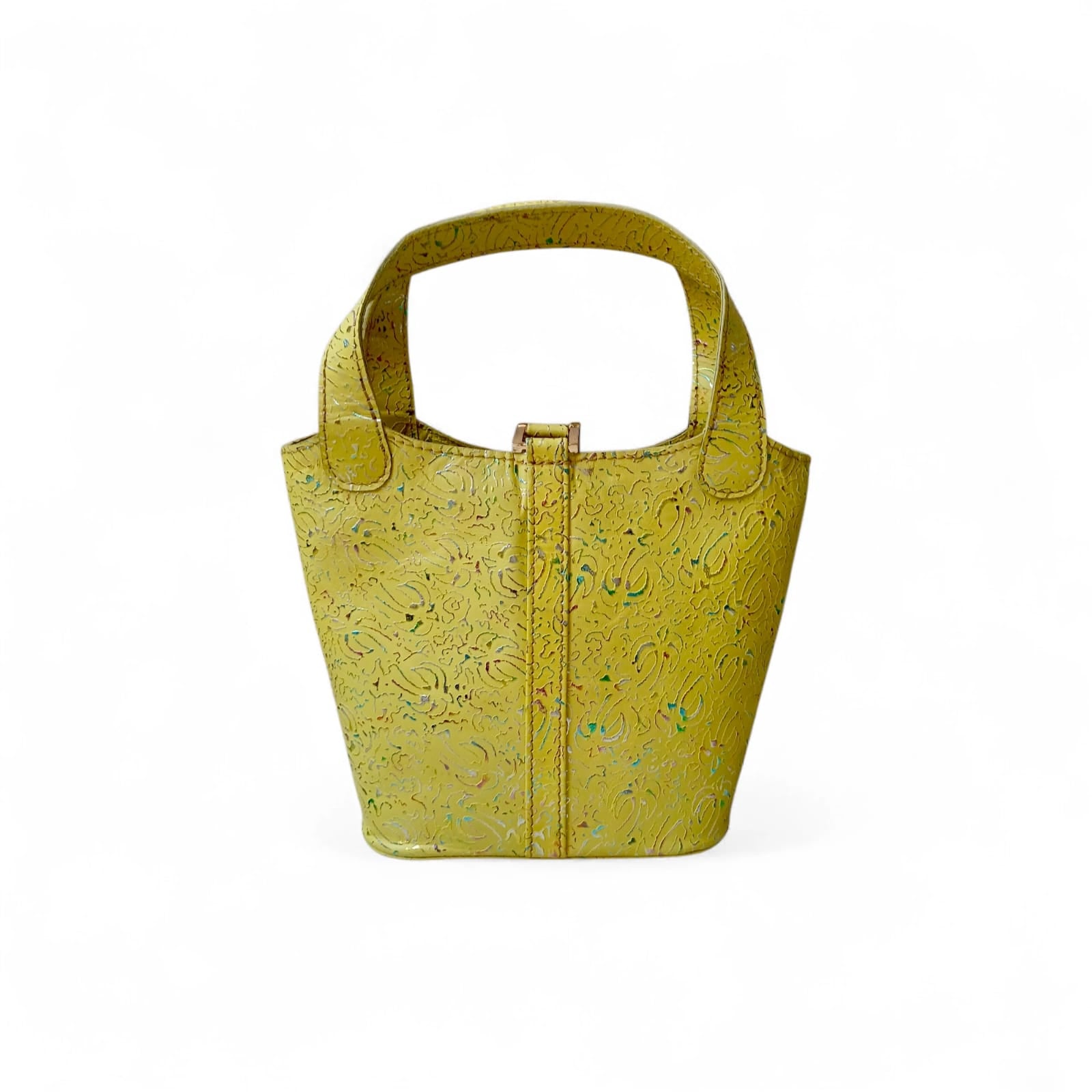 Front view leather bucket bag with stopper lock and top handle