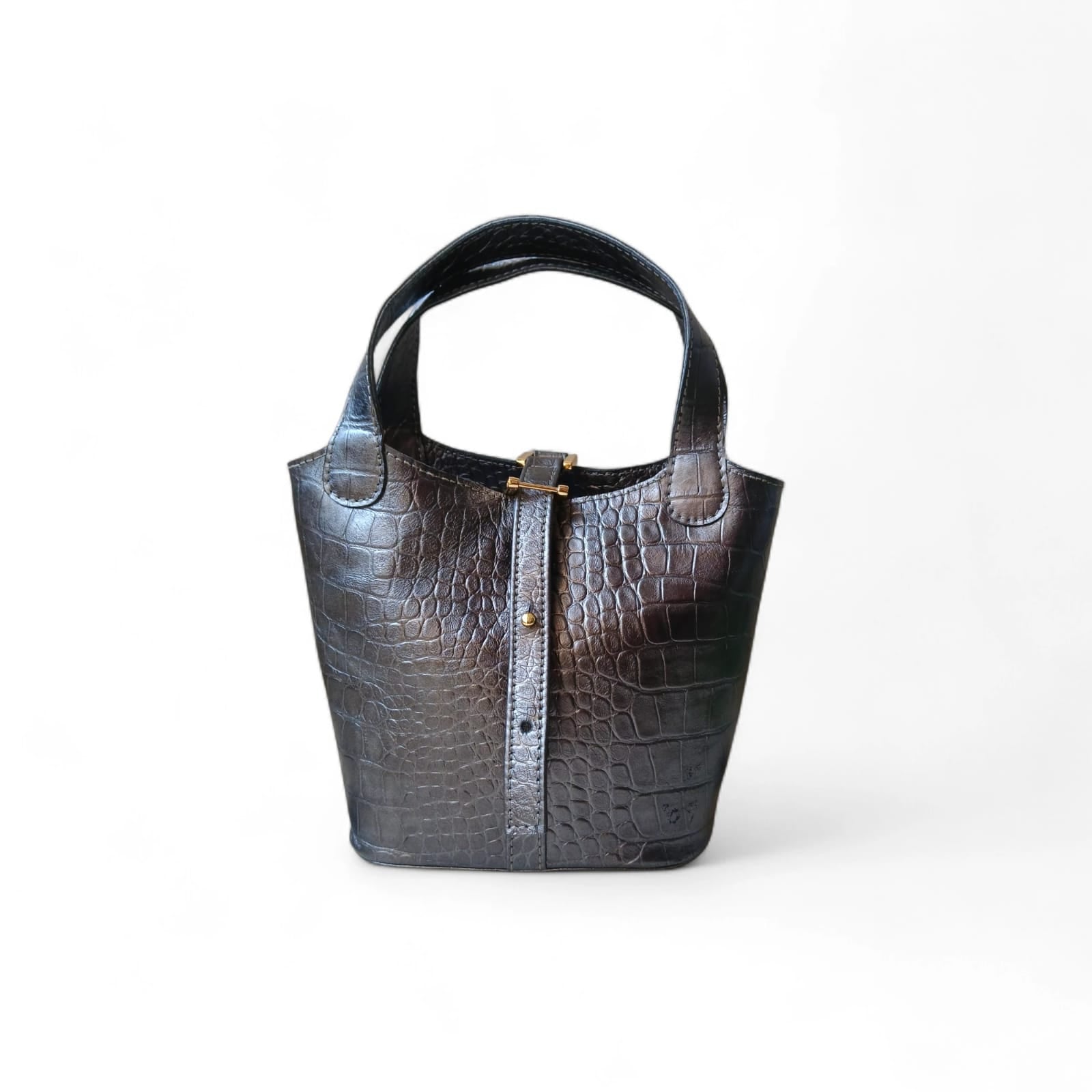 Leather bucket bag for women yellow structured mini handbag 8x10x4 Pakistan