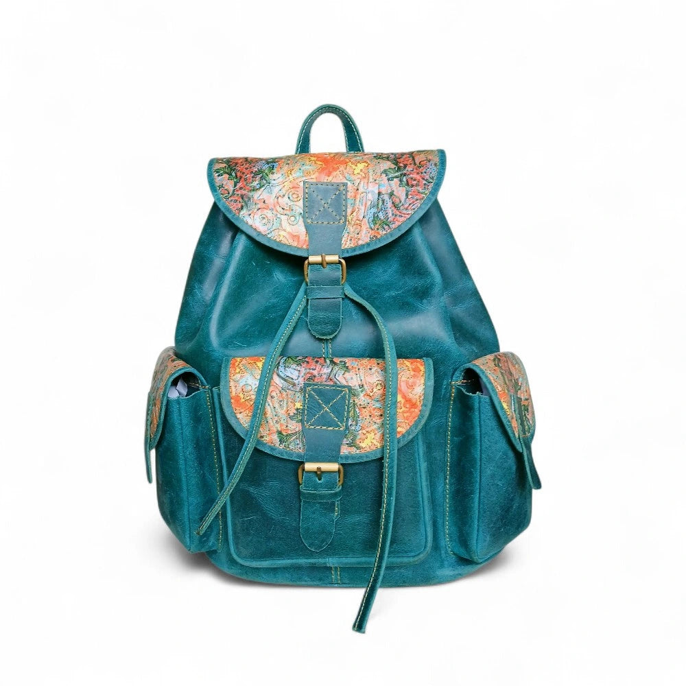 Women's teal genuine leather backpack with printed floral panels — boho vintage ladies bag Pakistan