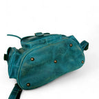 Multi-pocket teal leather backpack for women — two side pouches, front pocket, genuine leather Pakistan