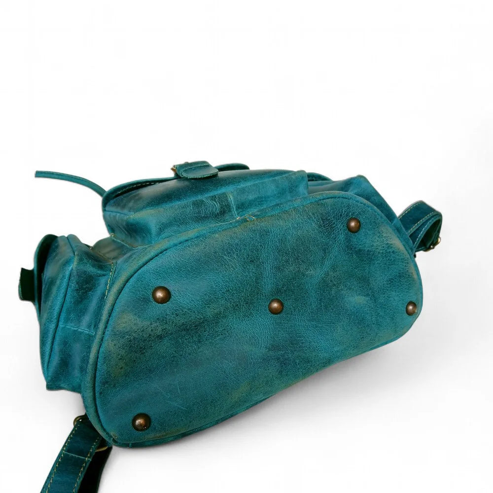 Multi-pocket teal leather backpack for women — two side pouches, front pocket, genuine leather Pakistan