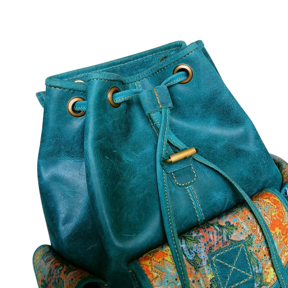 Women's Leather Backpack Teal & Printed Floral Genuine Leather, Vintage Style, Multi-Pocket | Ladies Bag Pakistan