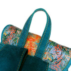 Antique gold brass buckle detail on teal leather women's backpack — genuine leather bag online Pakistan