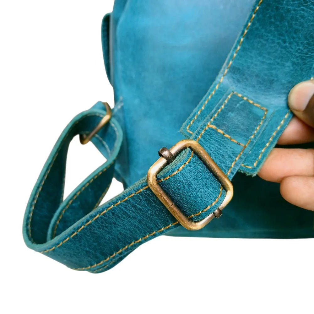 Close-up of printed floral leather flap on teal women's leather backpack — artisan handmade bag Pakistan
