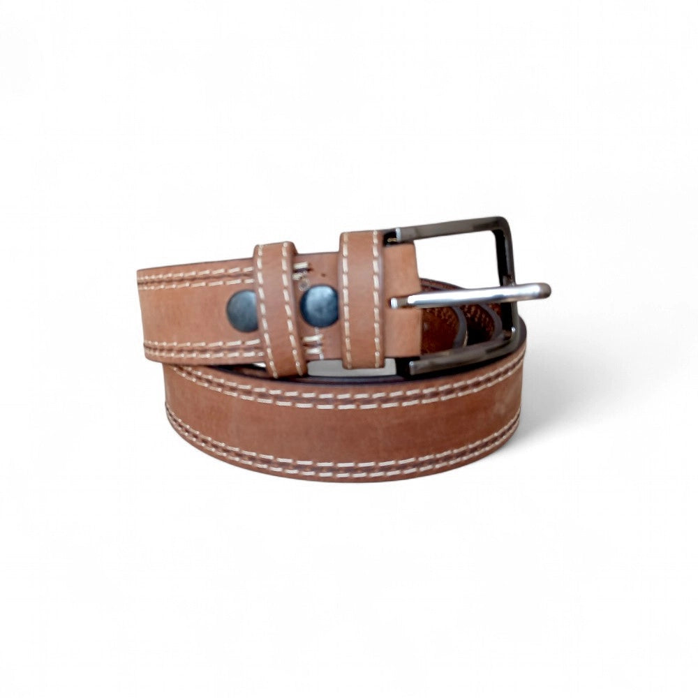 Casual leather belt for men in camel brown — top grain buffalo leather, 40mm double stitched, Pakistan