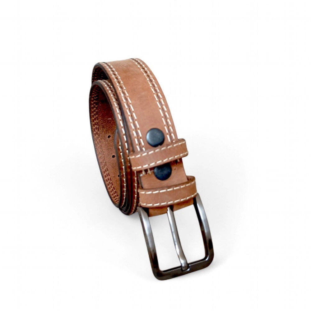 Premium metal pin buckle on camel brown buffalo leather casual belt — men's belt 40mm
