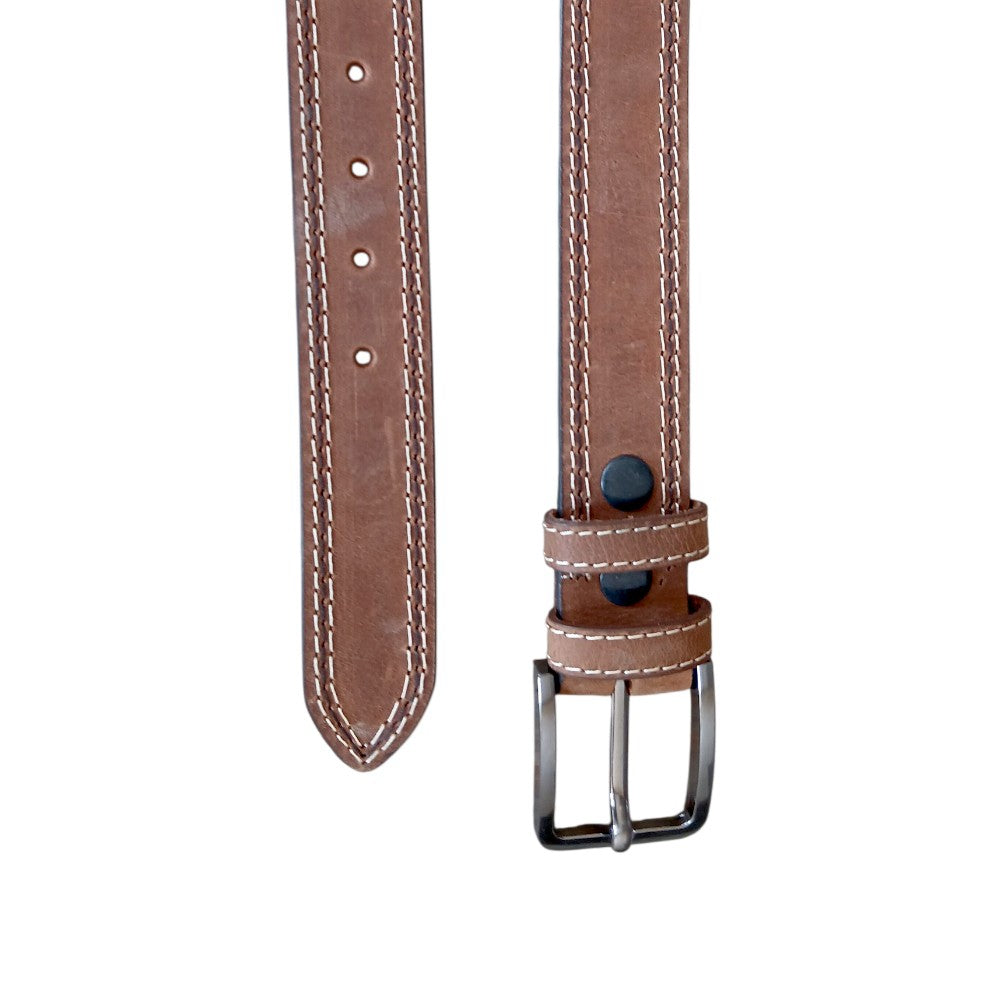 Double stitched cream thread detail on camel brown top grain buffalo leather belt for men
