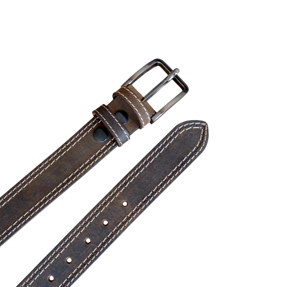 Double stitched cream thread detail on chocolate brown  top grain buffalo leather belt for men