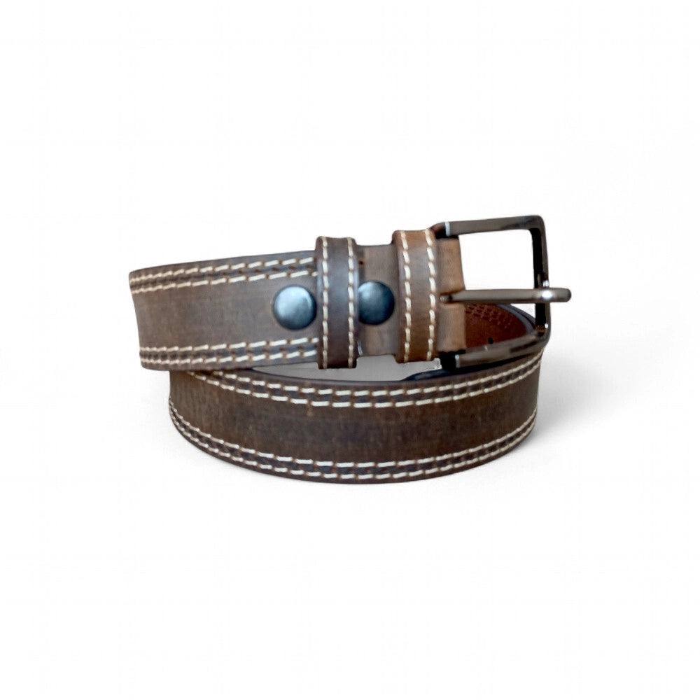 Double stitched cream thread detail on chocolate brown  top grain buffalo leather belt for men