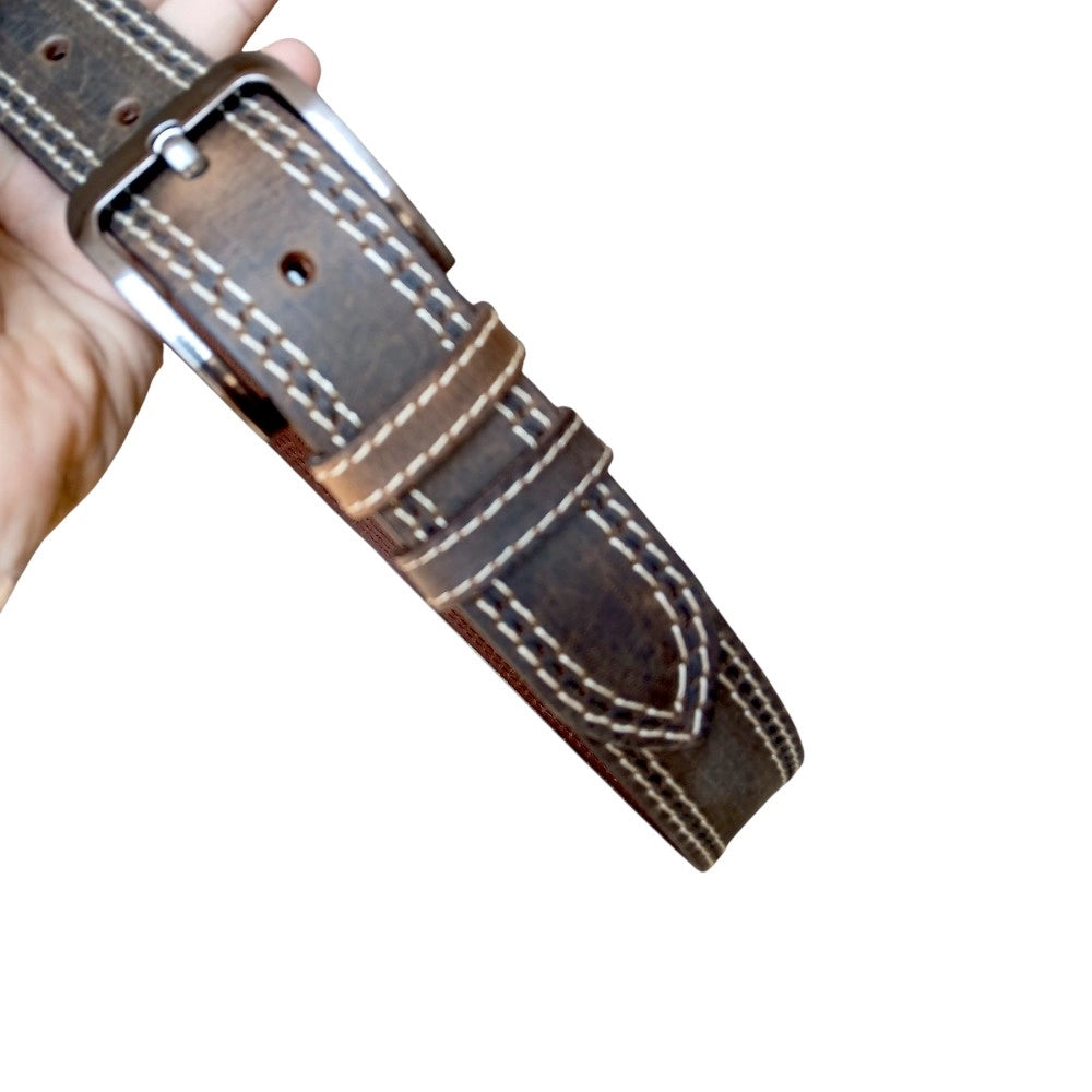 Double stitched cream thread detail on chocolate brown  top grain buffalo leather belt for men