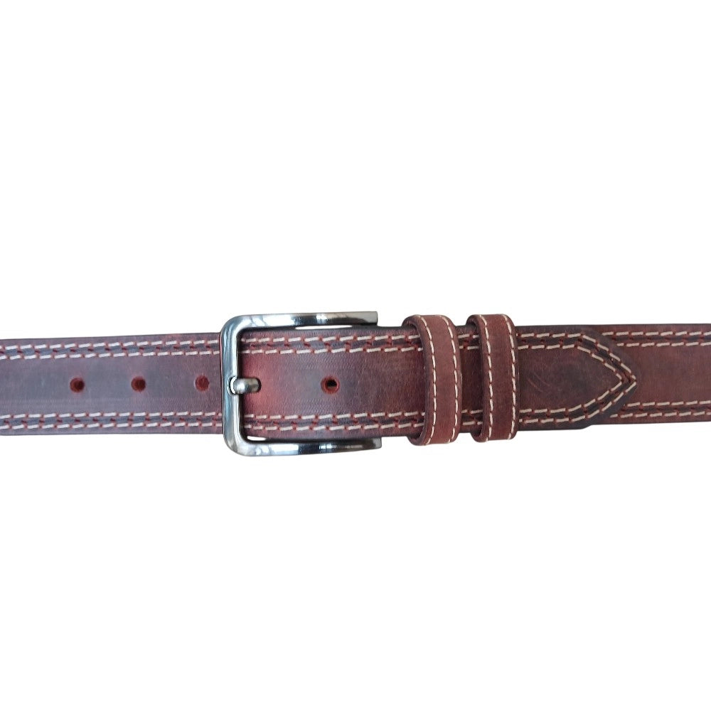 Double stitched cream thread detail on burgundy top grain buffalo leather belt for men