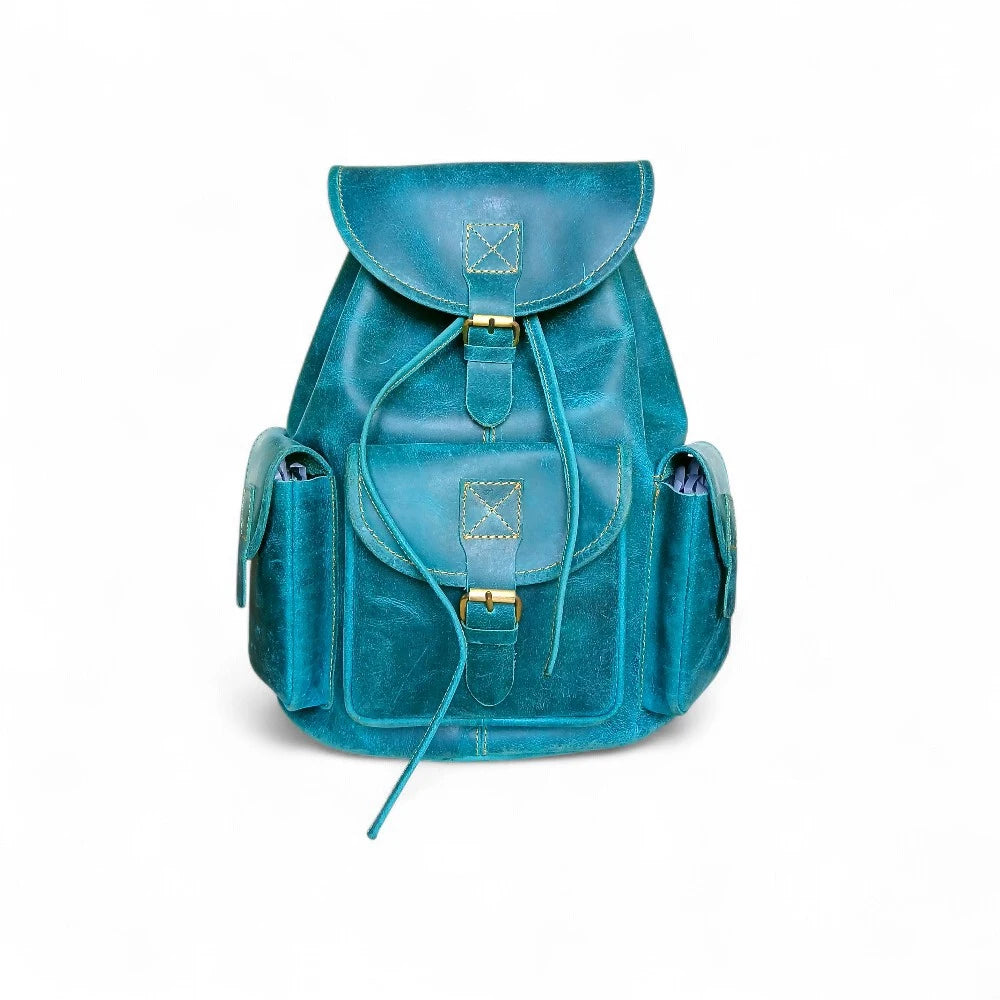 Women's Leather Backpack Ocean Green Genuine Leather, Vintage Style, Multi-Pocket | Ladies Bag Pakistan
