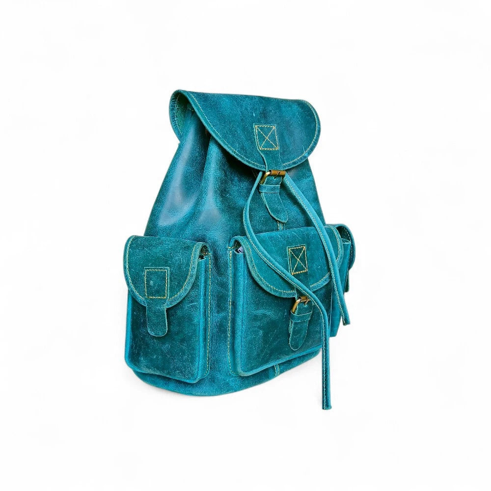 Women's Leather Backpack Ocean Green Genuine Leather, Vintage Style, Multi-Pocket | Ladies Bag Pakistan