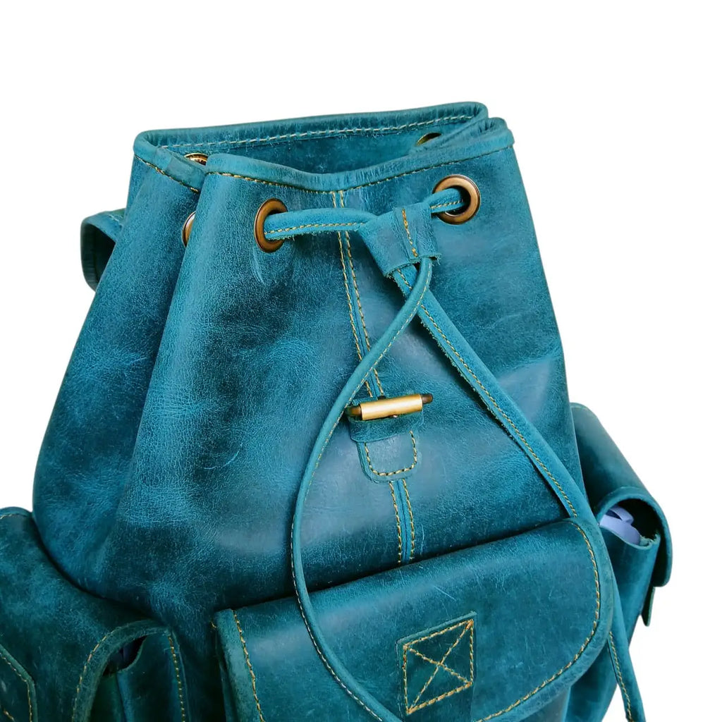 Women's Leather Backpack Ocean Green Genuine Leather, Vintage Style, Multi-Pocket | Ladies Bag Pakistan