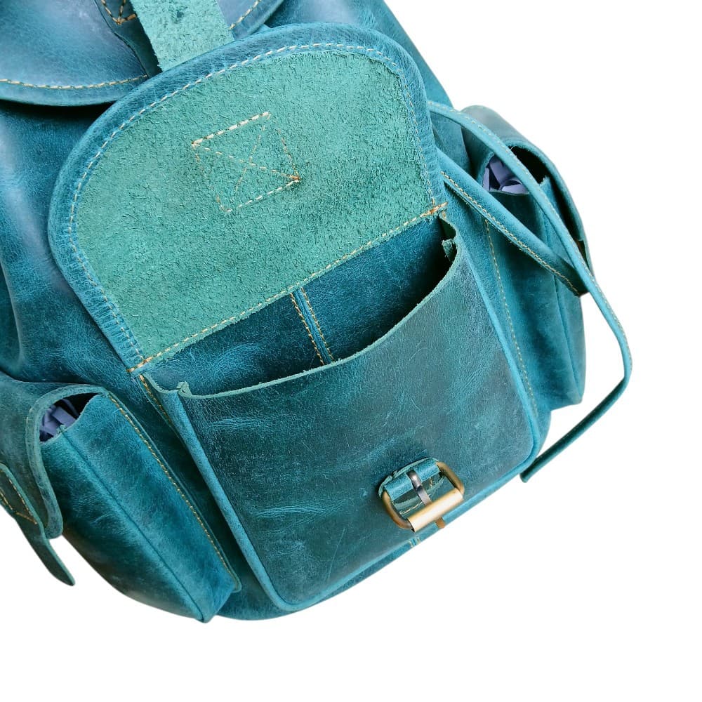 Women's Leather Backpack Ocean Green Genuine Leather, Vintage Style, Multi-Pocket | Ladies Bag Pakistan