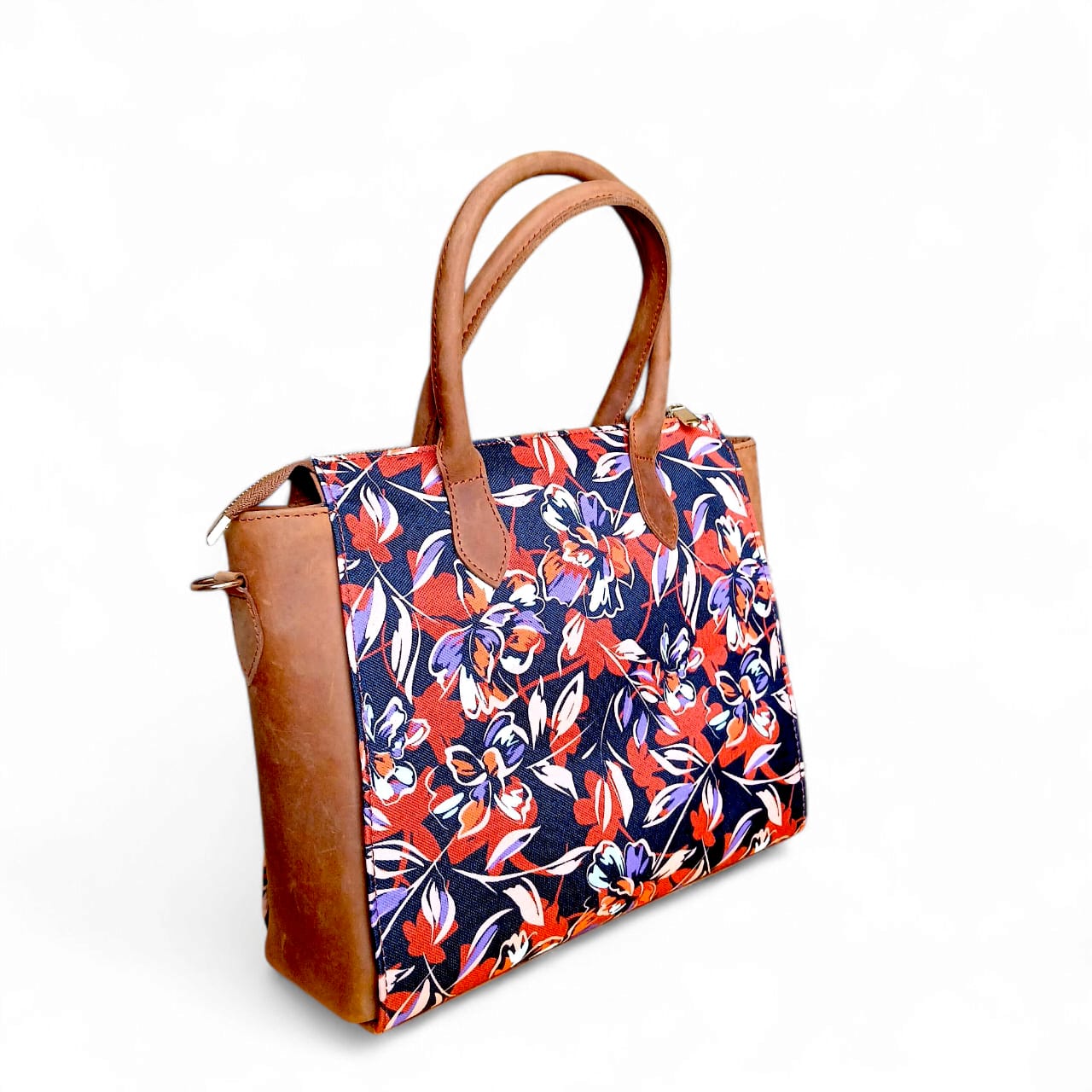 Floral Canvas & Leather Tote Bag