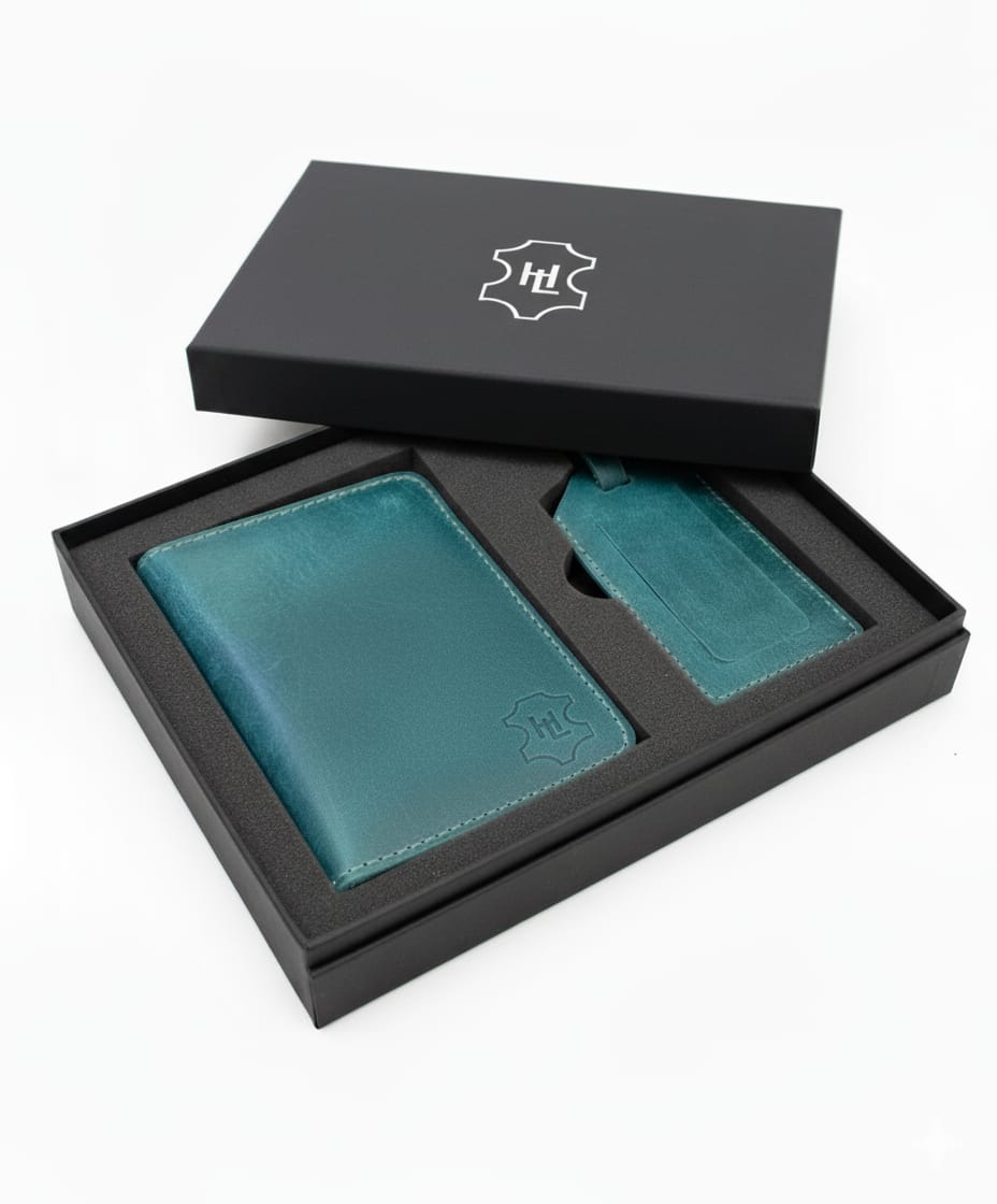 Handmade Leather Passport Cover & Luggage Tag Gift Set- Ocean Green